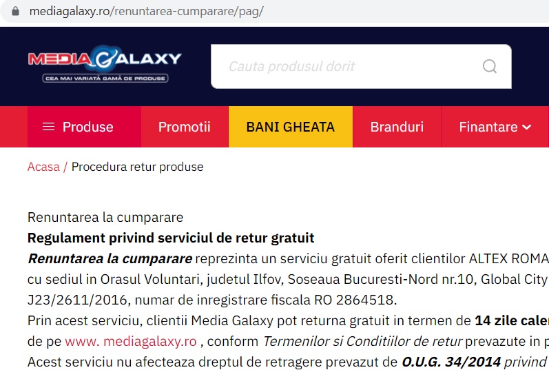 Cum pot returna produsele Mediagalaxy cumpararate cu credit sau plata integral, intr-un termen de 14 zile